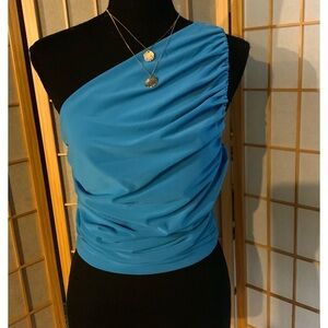 Express One-Shoulder Blue Ruched Crop Top